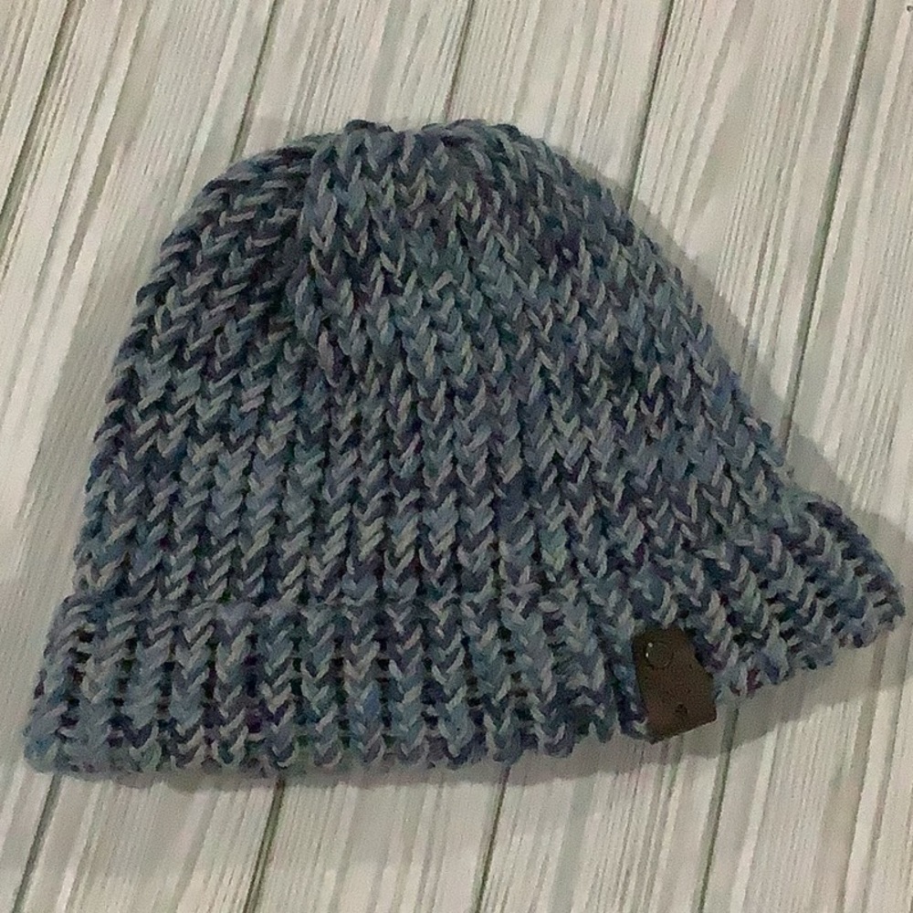 Handmade knitted blue gray adult winter hat
